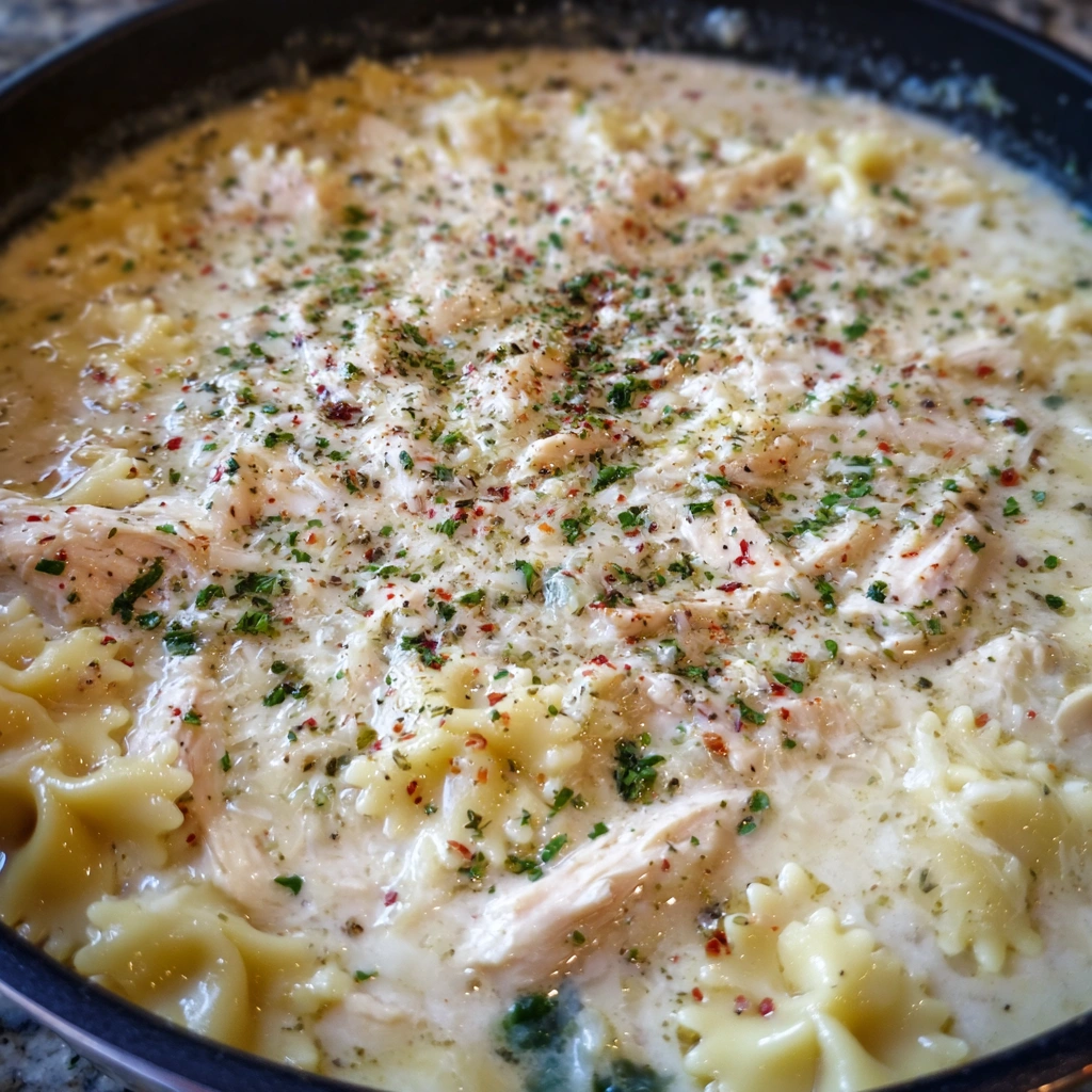 Creamy white chicken lasagna soup in a bowl with spinach and noodles