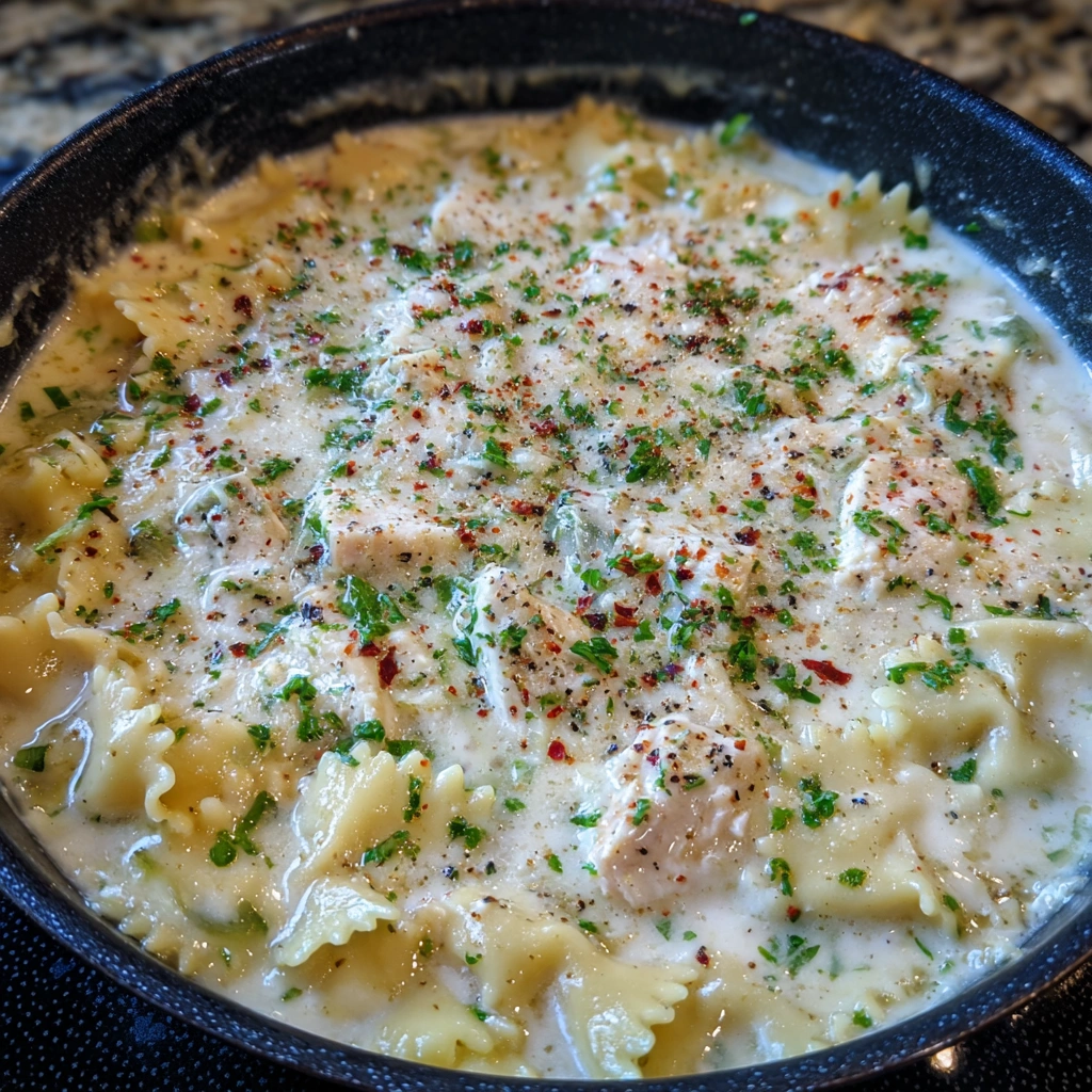 Bowl of creamy soup with chicken, pasta, and melted cheese