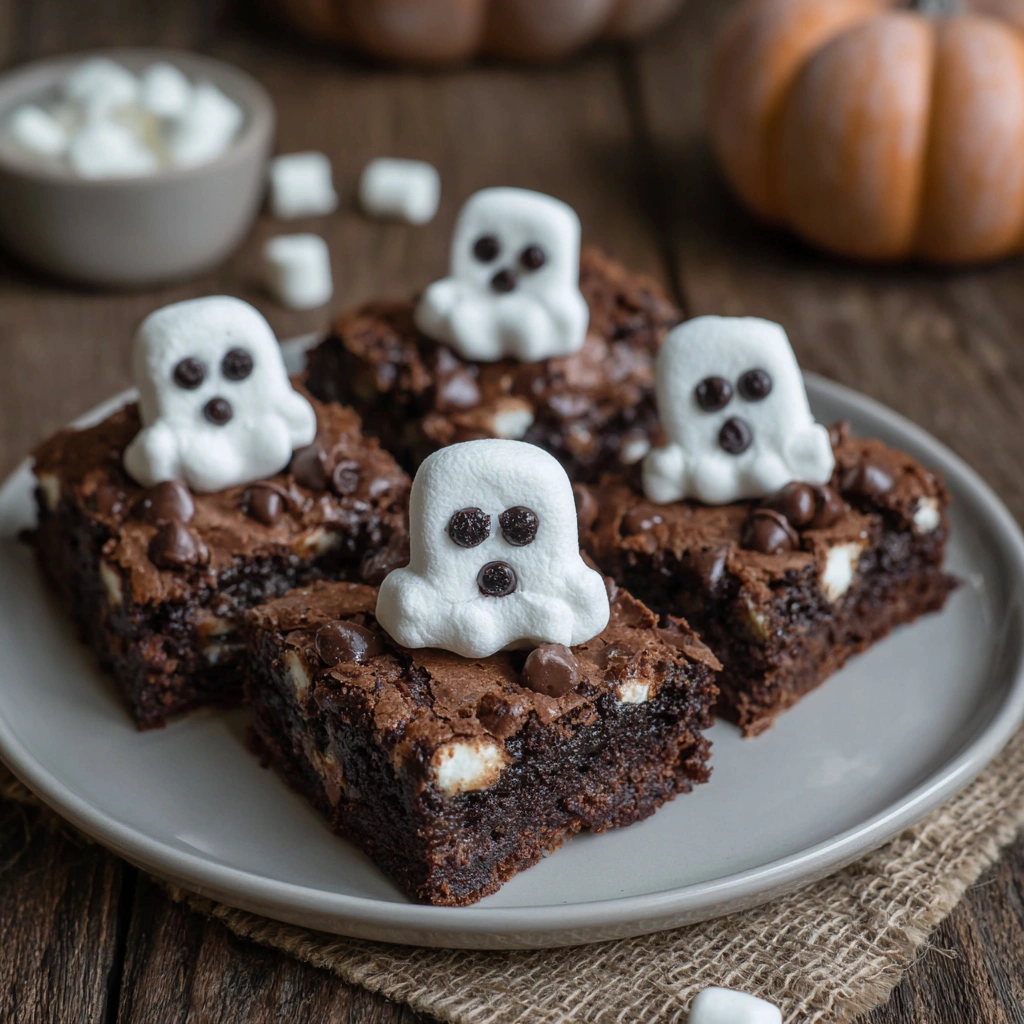 Fudgy brownies topped with white marshmallow ghosts and spooky faces