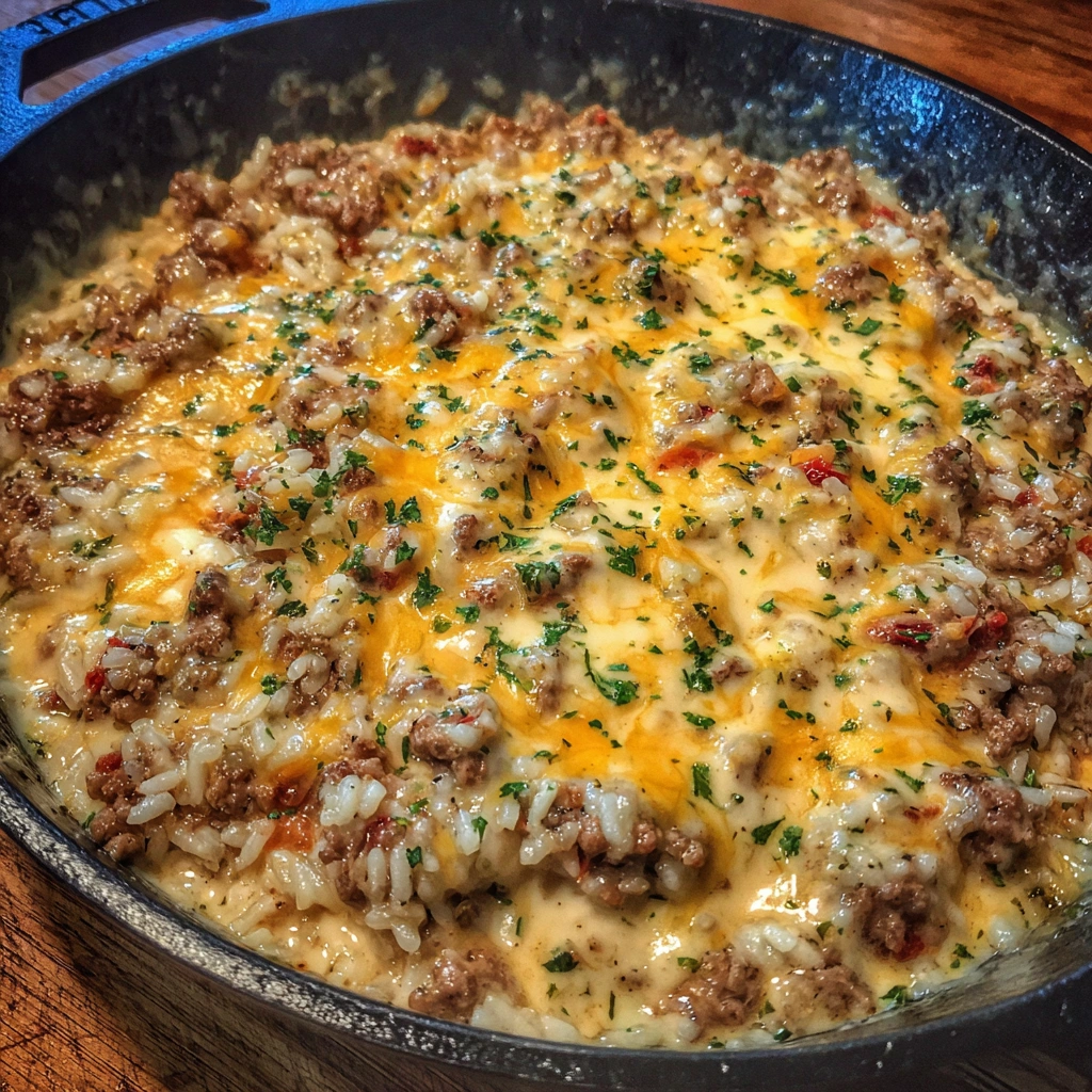 Creamy cheddar-Parmesan beef and rice skillet served hot with a golden, cheesy finish.