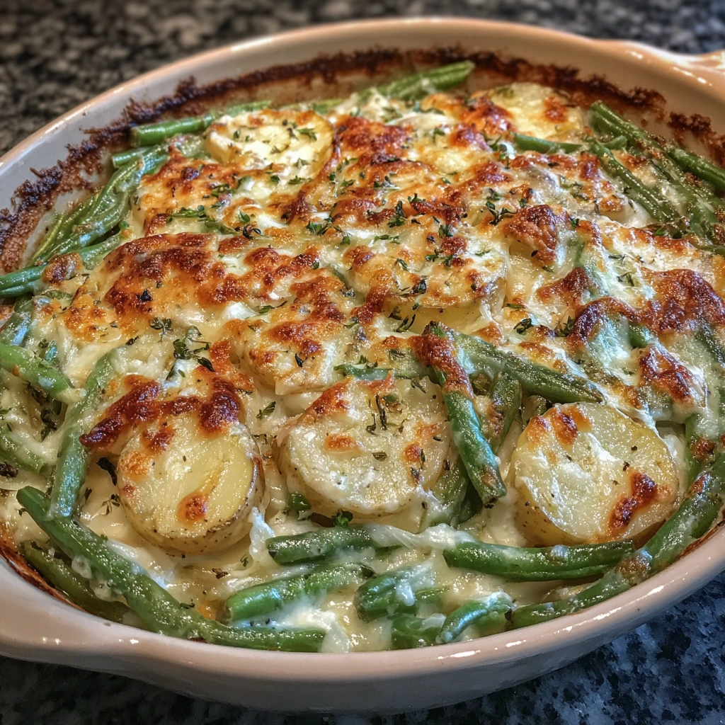 Golden baked casserole with green beans, potatoes, and cheese