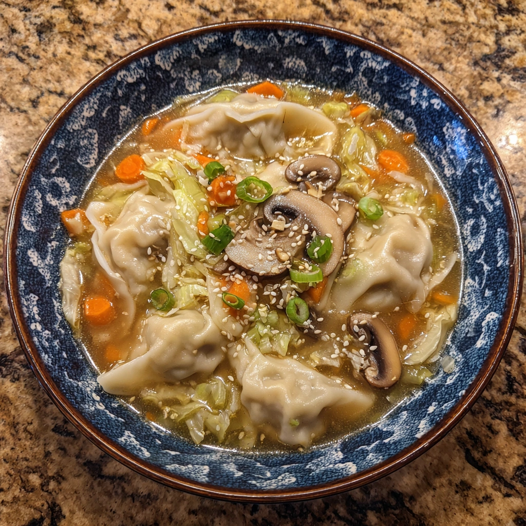 Dumplings floating in a light broth with cabbage and carrots