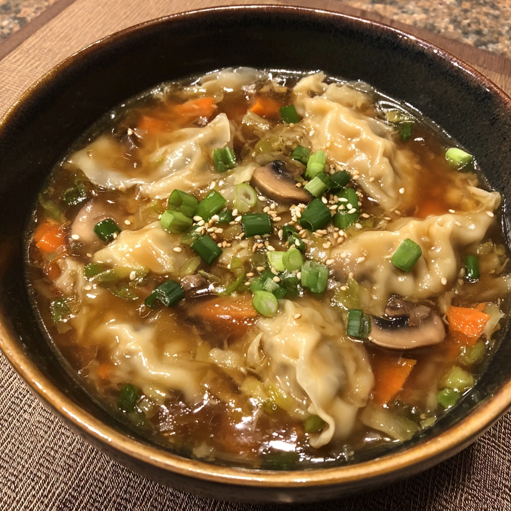 Spoon lifting dumpling from hot vegetable soup