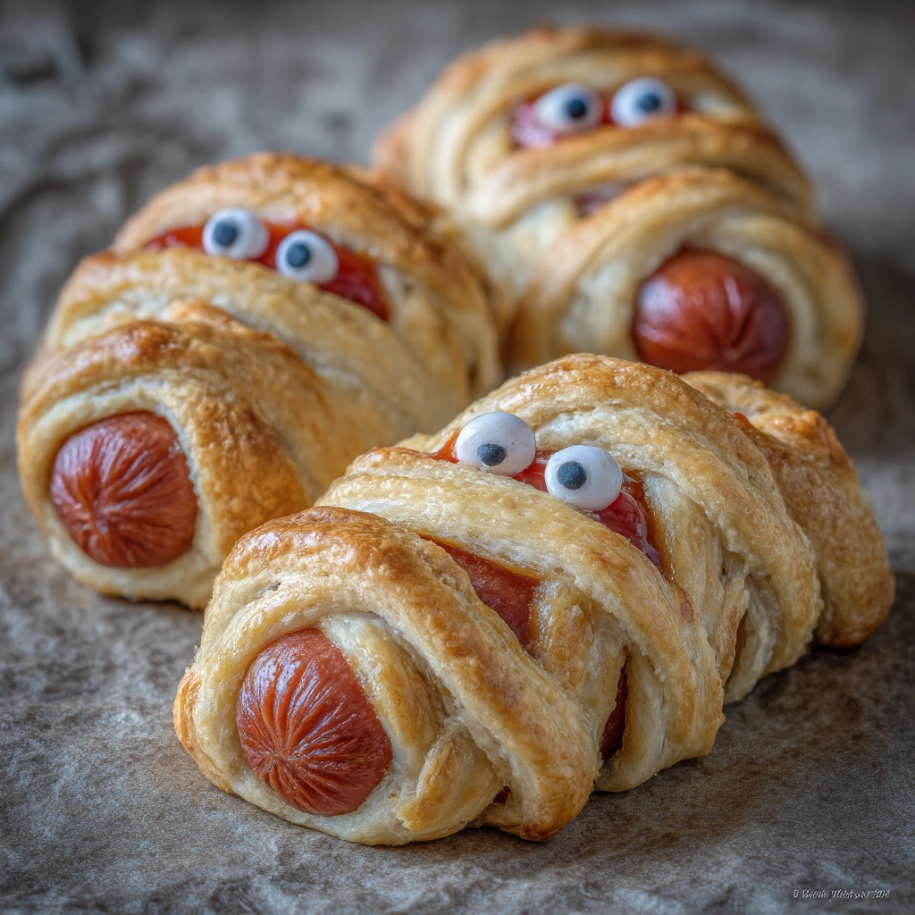Close-up of mummy-wrapped sausage with mustard eyes