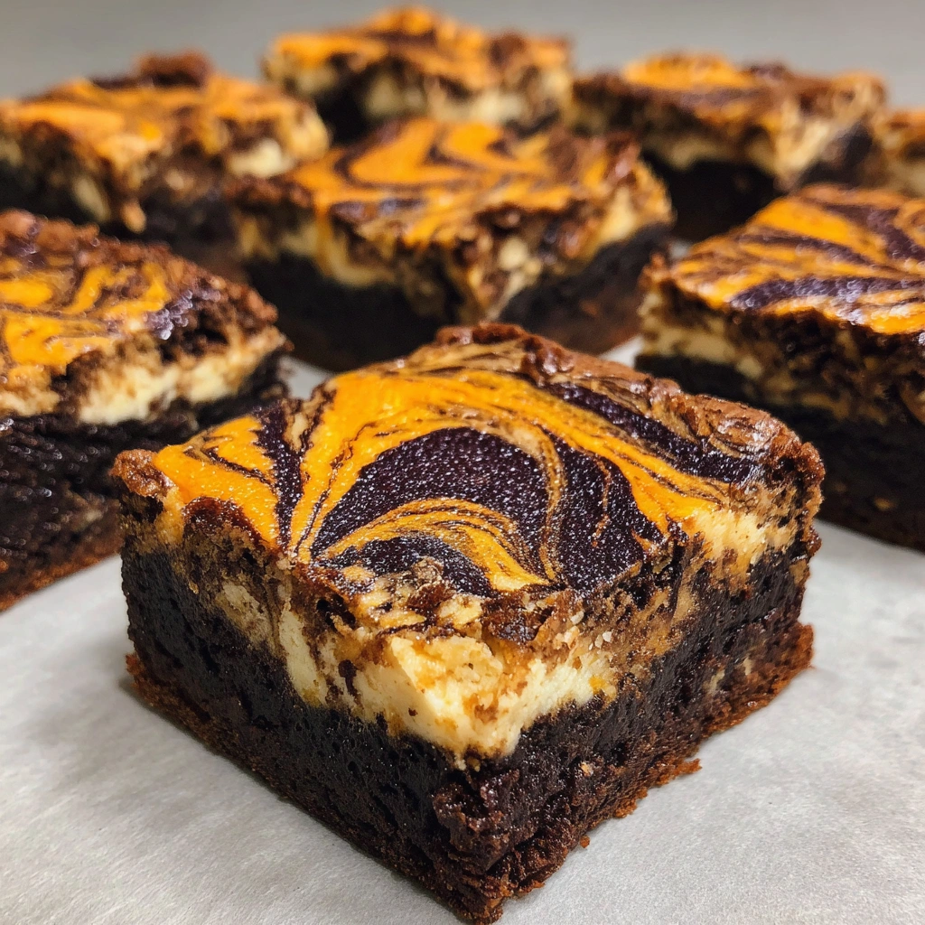 Pan of baked brownies with spooky swirls in orange and chocolate