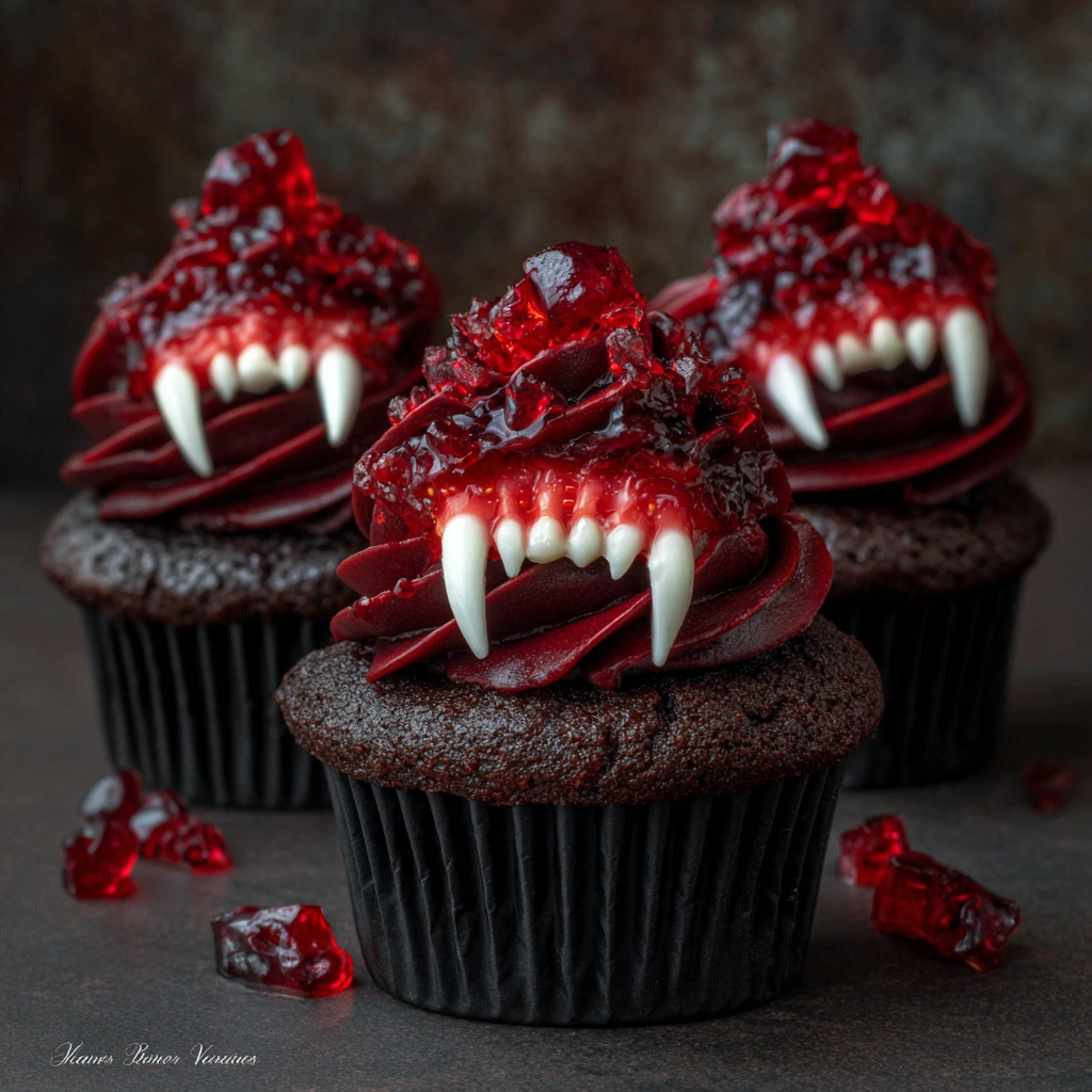 Close-up of bitten cupcake showing red jam inside