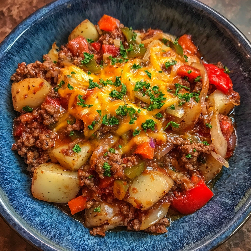 Casserole scoop showing melted cheese and veggie layers