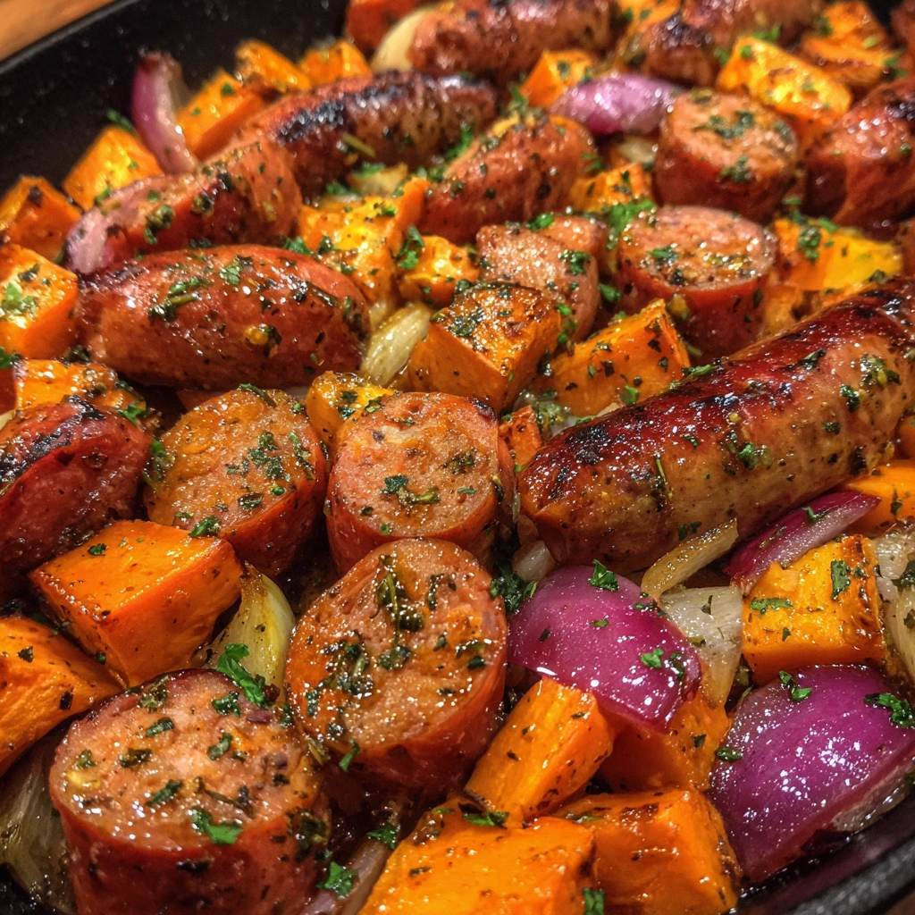 Sausage and sweet potatoes roasted to golden perfection