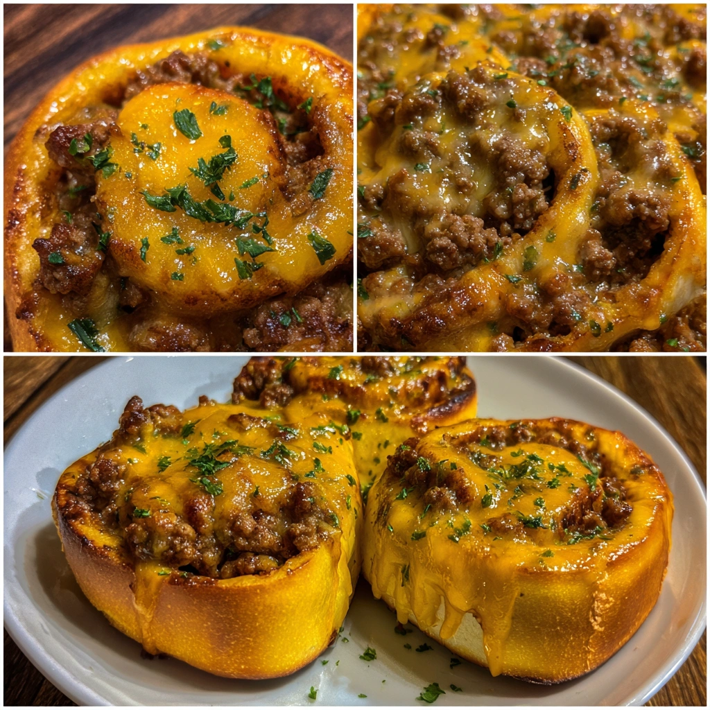 Close-up of flaky rollups oozing with beef and melted cheese.