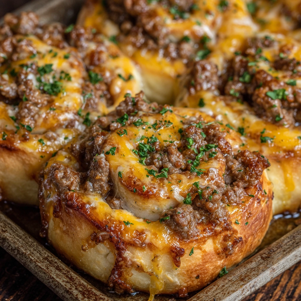 Cheesy beef rollups topped with parsley, served warm for dinner or game day.