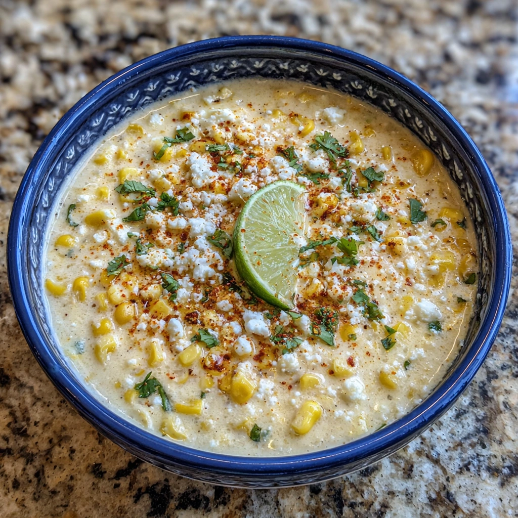 Close-up of corn soup with chili powder and lime wedges on the side