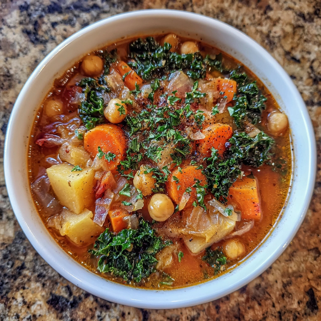 Overhead view of hearty veggie soup with a spooky, cozy vibe