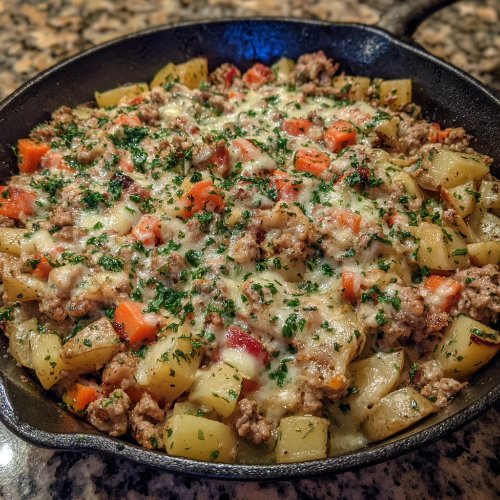 Golden, cheesy skillet filled with tender potatoes and savory ground meat.