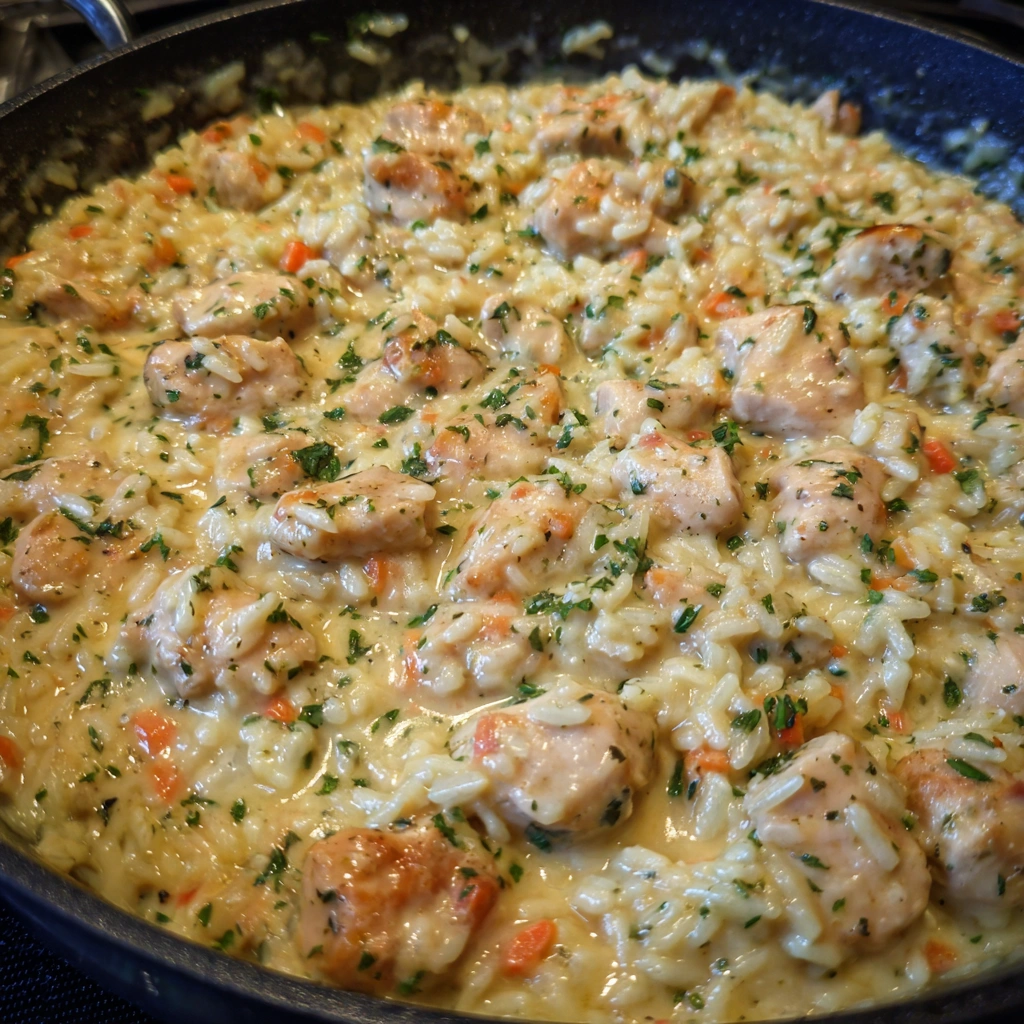 Cheesy casserole with chicken and rice served hot in a pot.