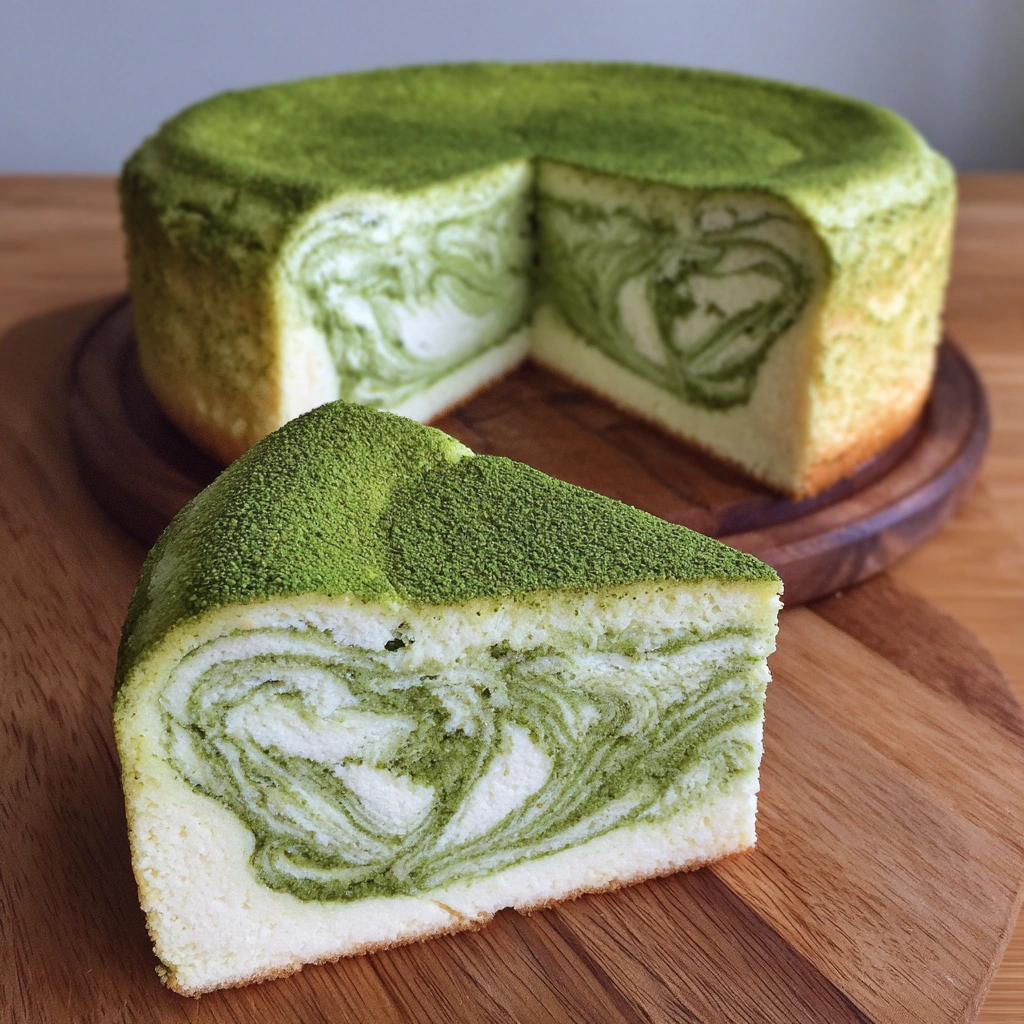 A forkful of soft matcha Japanese cheesecake showing its airy texture.