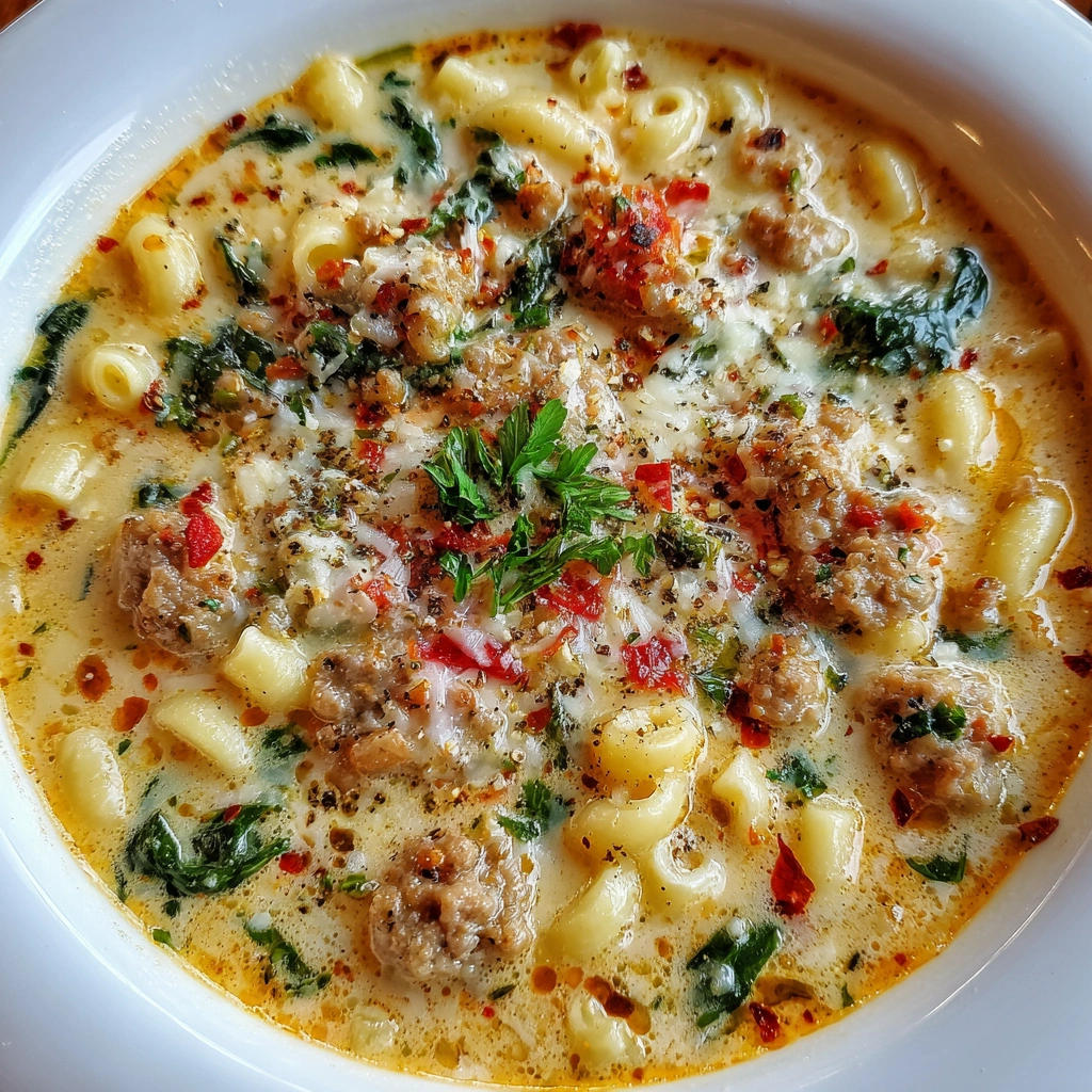 Close-up of soup with ditalini, sausage, and spinach in a creamy tomato broth