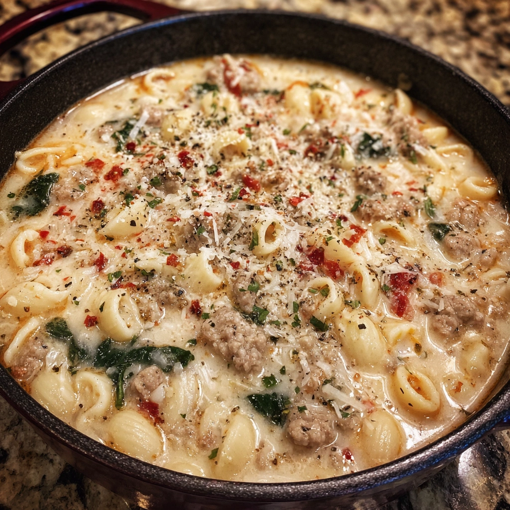 Overhead view of a full bowl of creamy soup topped with Parmesan and parsley
