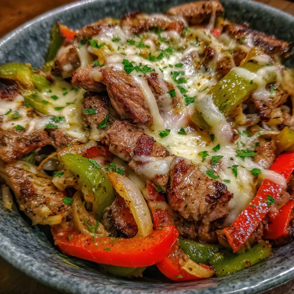 Skillet of steak, peppers, onions, and melted provolone cheese.