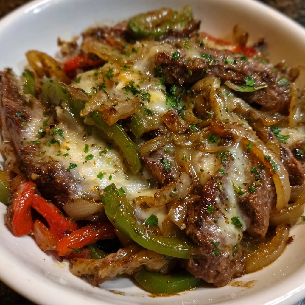 Juicy steak strips with melted cheese and peppers served in a bowl.