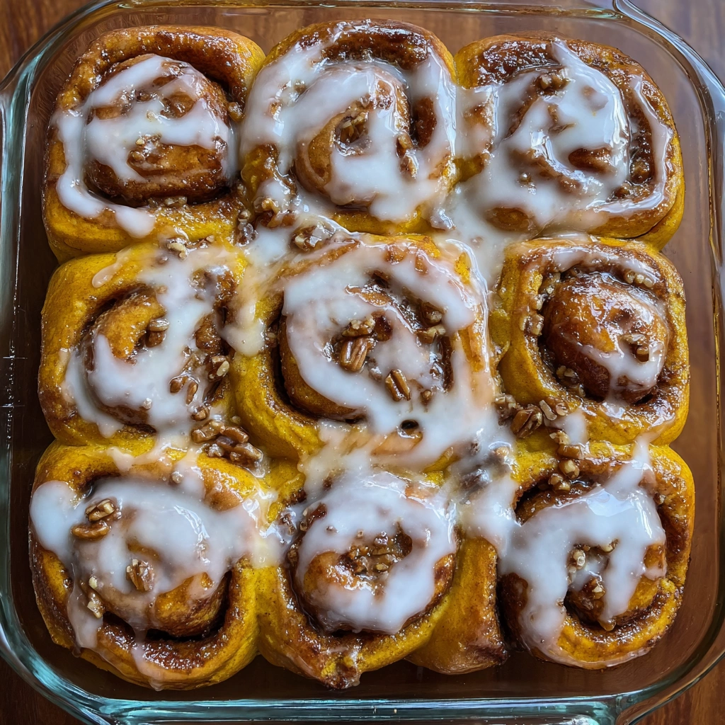Close-up of soft cinnamon roll chunks with pumpkin swirl and icing