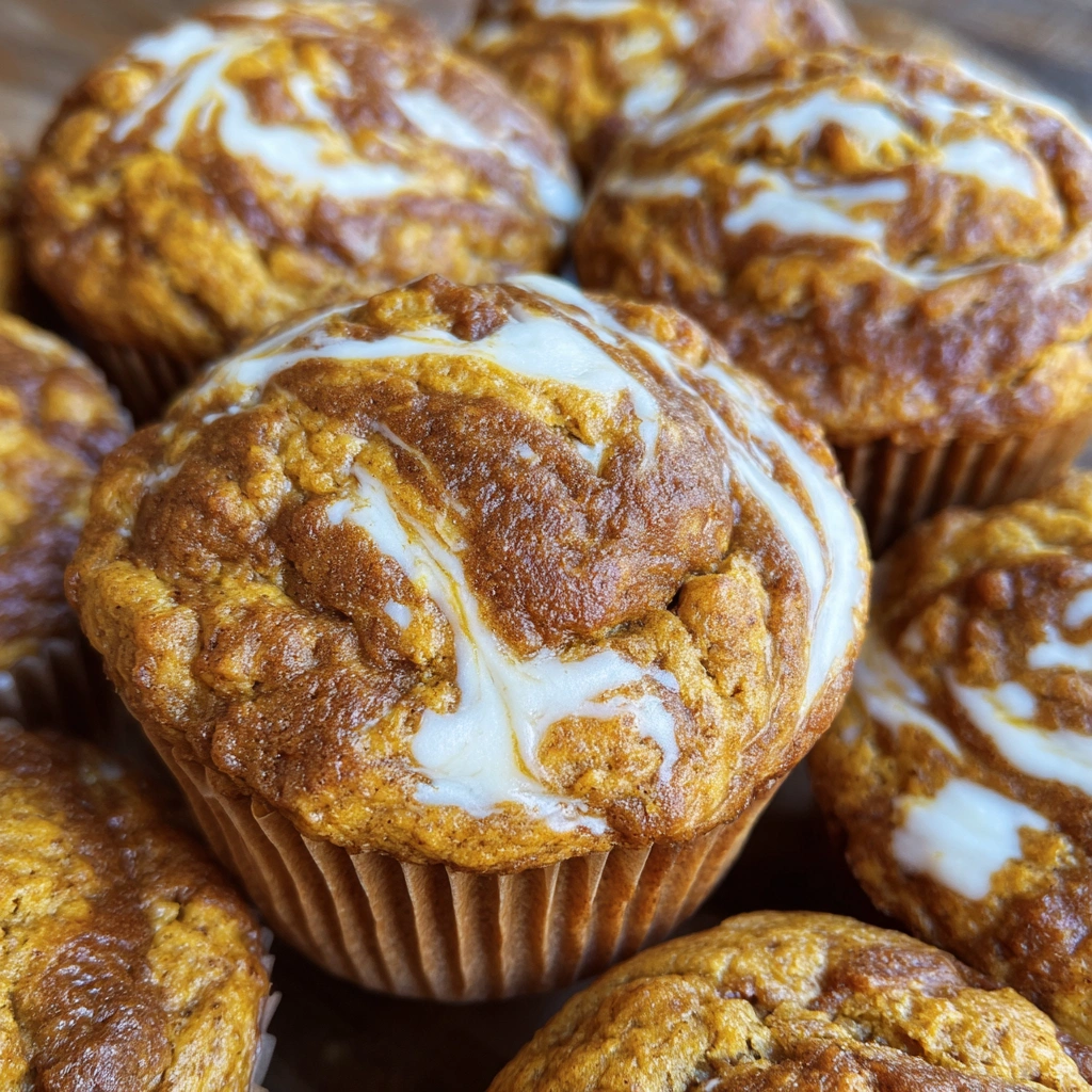 Close-up of Pumpkin Cream Cheese Swirl Muffins