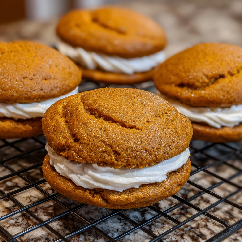 Pumpkin whoopie pies filled with maple cream cheese frosting stacked on a plate.