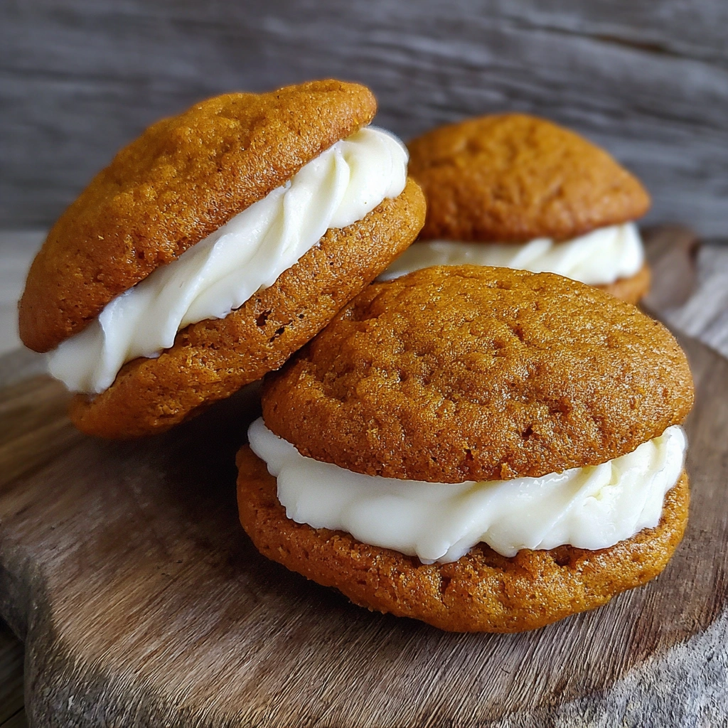 Individual pumpkin whoopie pies with maple frosting filling, garnished with cinnamon sticks.