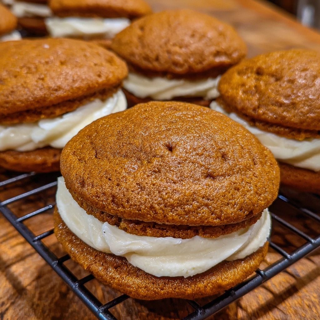 Pumpkin whoopie pies filled with maple cream cheese frosting stacked on a plate.