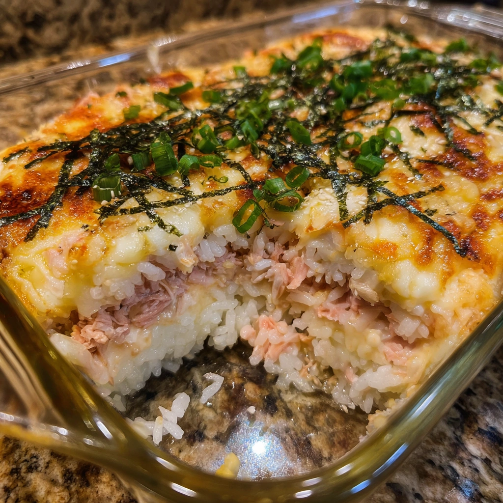 A pan of sushi bake with creamy crab mixture layered over sushi rice.