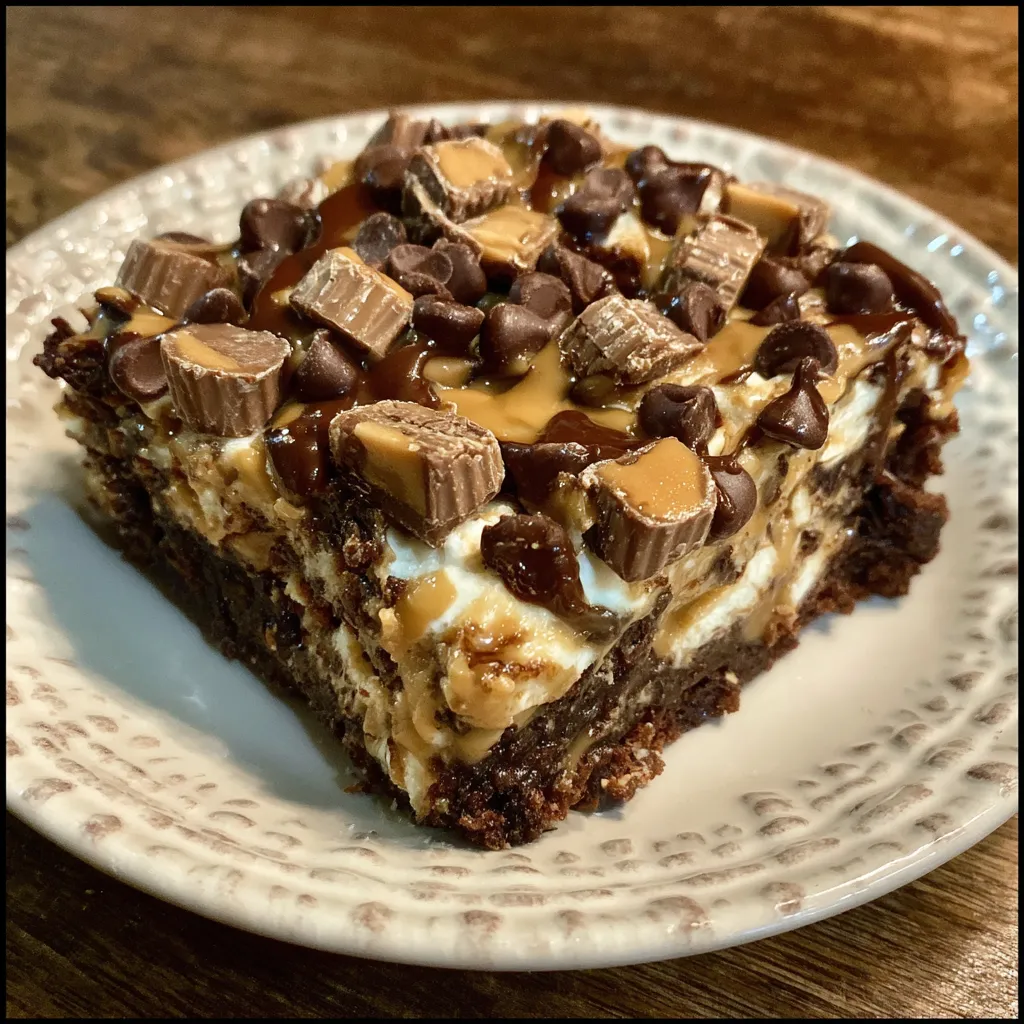 Close-up of a peanut butter swirled cake loaded with mini Reese’s