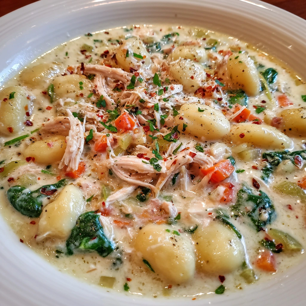 Creamy rotisserie chicken gnocchi soup with spinach and parmesan served hot in a bowl
