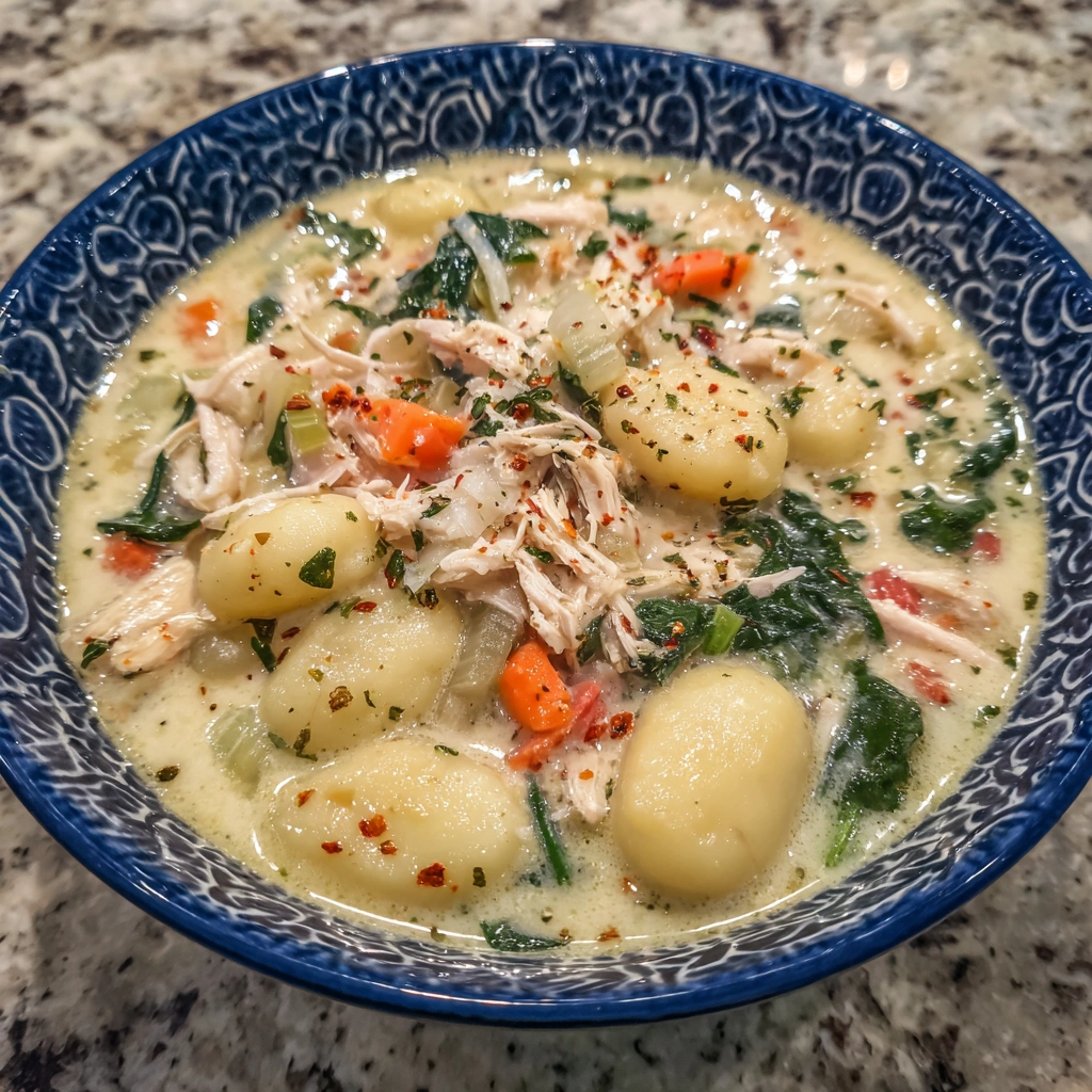 Rich and creamy chicken soup with gnocchi and veggies in a white bowl