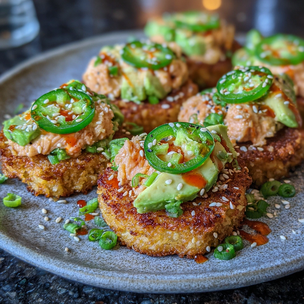 Close-up of spicy salmon on avocado over golden rice cakes