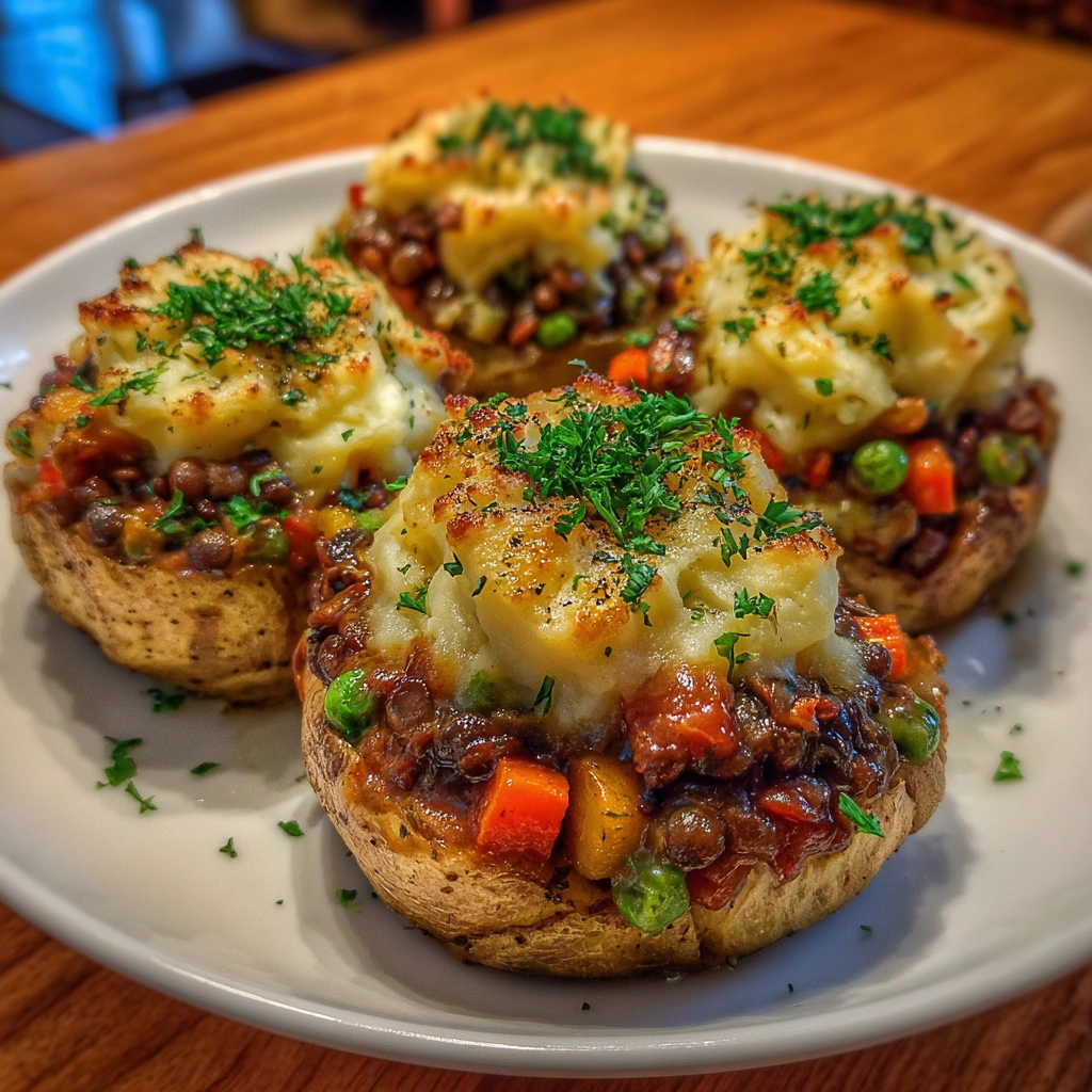 Golden mashed potato topping on a baked potato packed with savory lentils and vegetables.