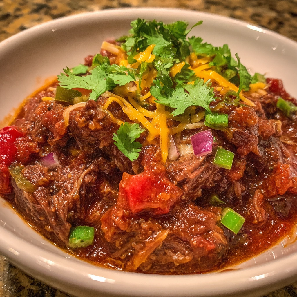 Hearty chili bowl garnished with fresh herbs and melted cheese.