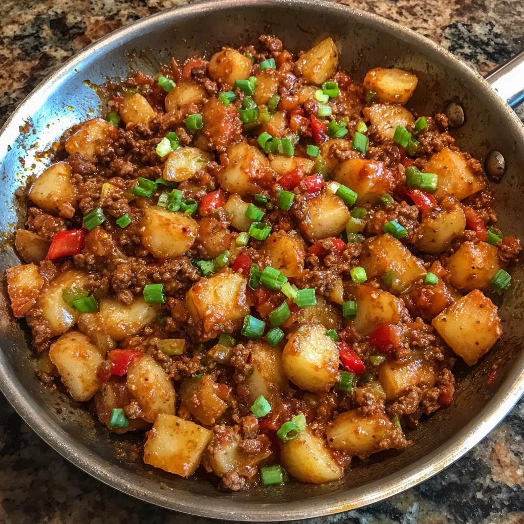 Serving spoon scooping cheesy beef and potato mix