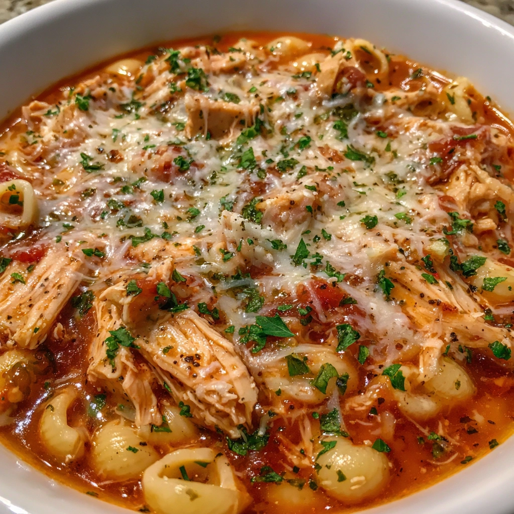 Crockpot chicken soup with Parmesan, mozzarella, and herbs sprinkled on top.