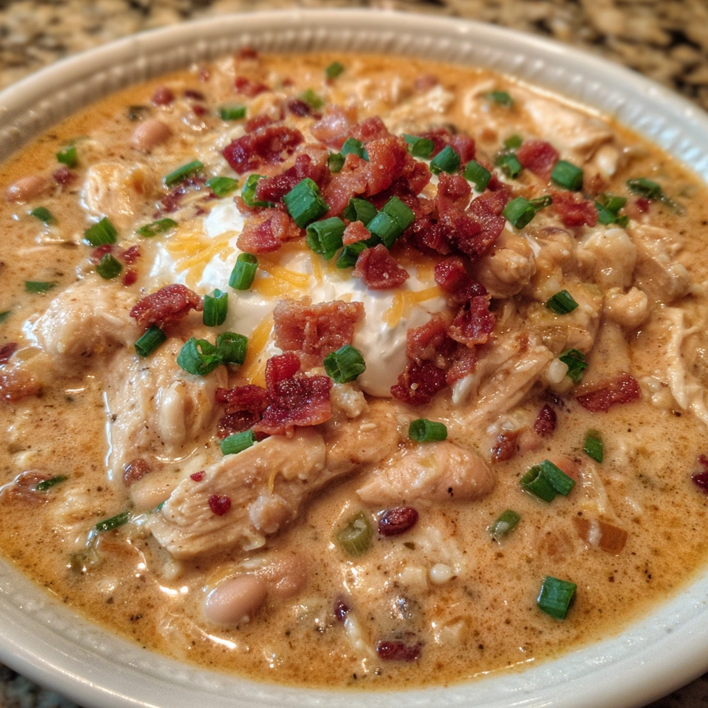 Spoonful of crack chicken chili being lifted from slow cooker