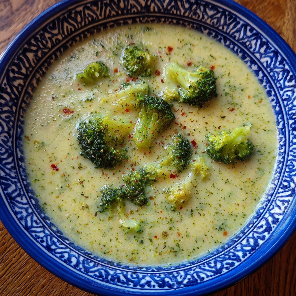 Overhead shot of broccoli soup with shredded cheese garnish