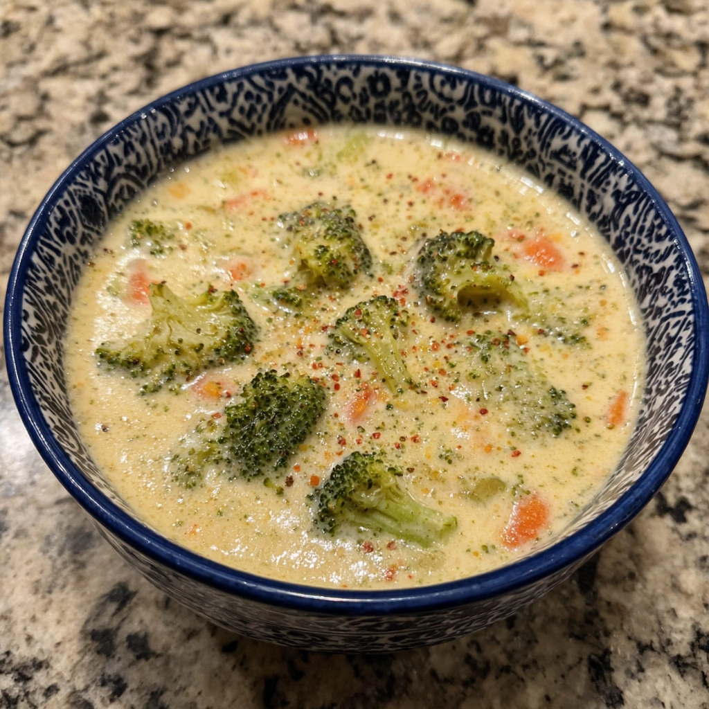 Close-up of soup showing tender broccoli and melted gouda