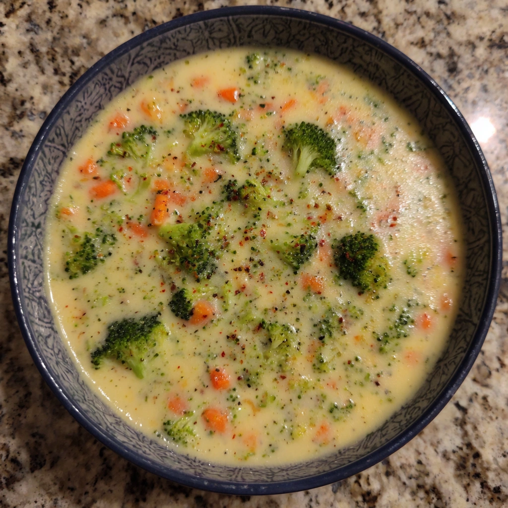 Pot of gouda broccoli soup with crusty bread on side