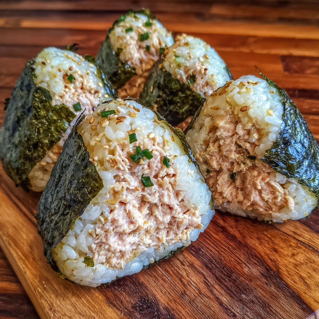 Picnic-style onigiri served in a basket with nori wraps and sesame garnish.