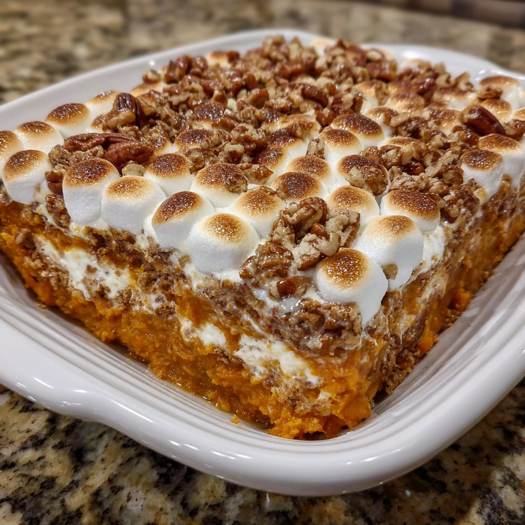 Close-up of toasted marshmallows over rich sweet potatoes