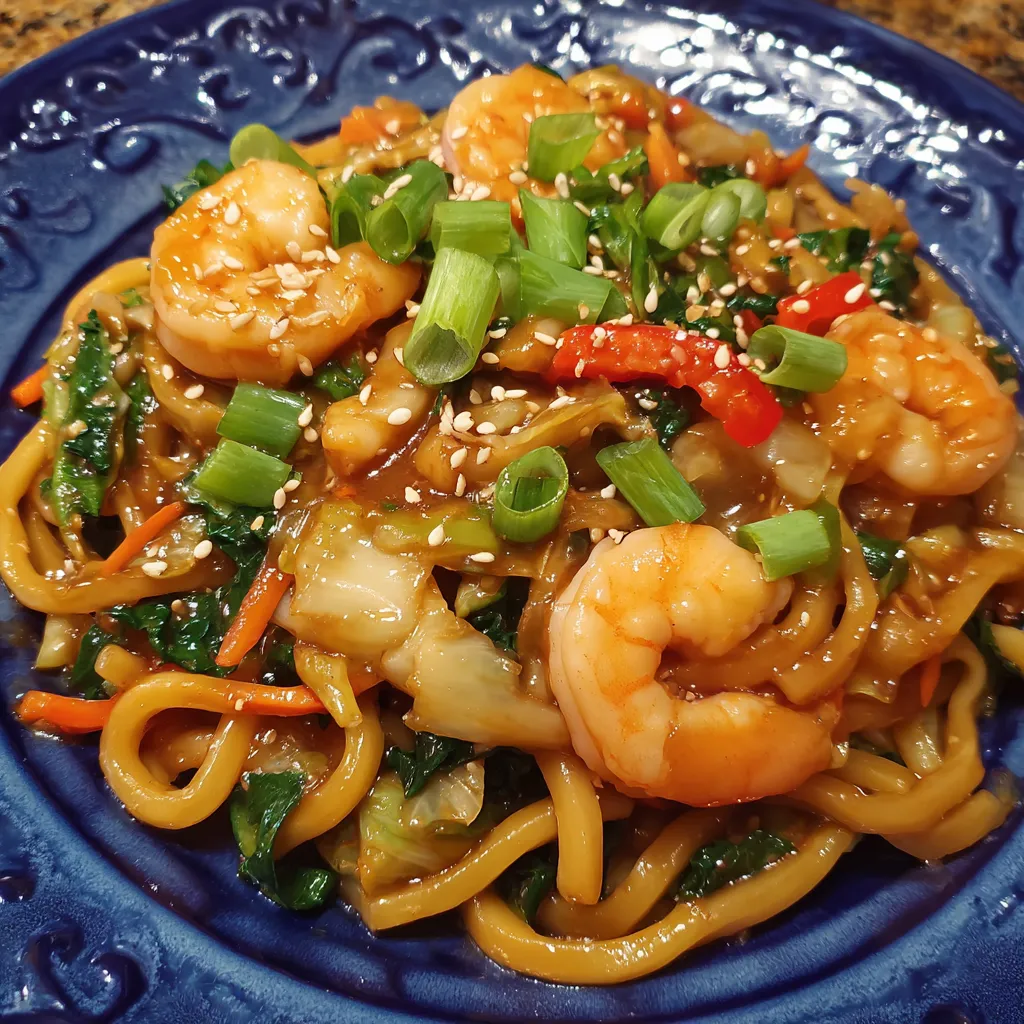Stir-fried shrimp udon noodles tossed with soy-based sauce and fresh veggies.