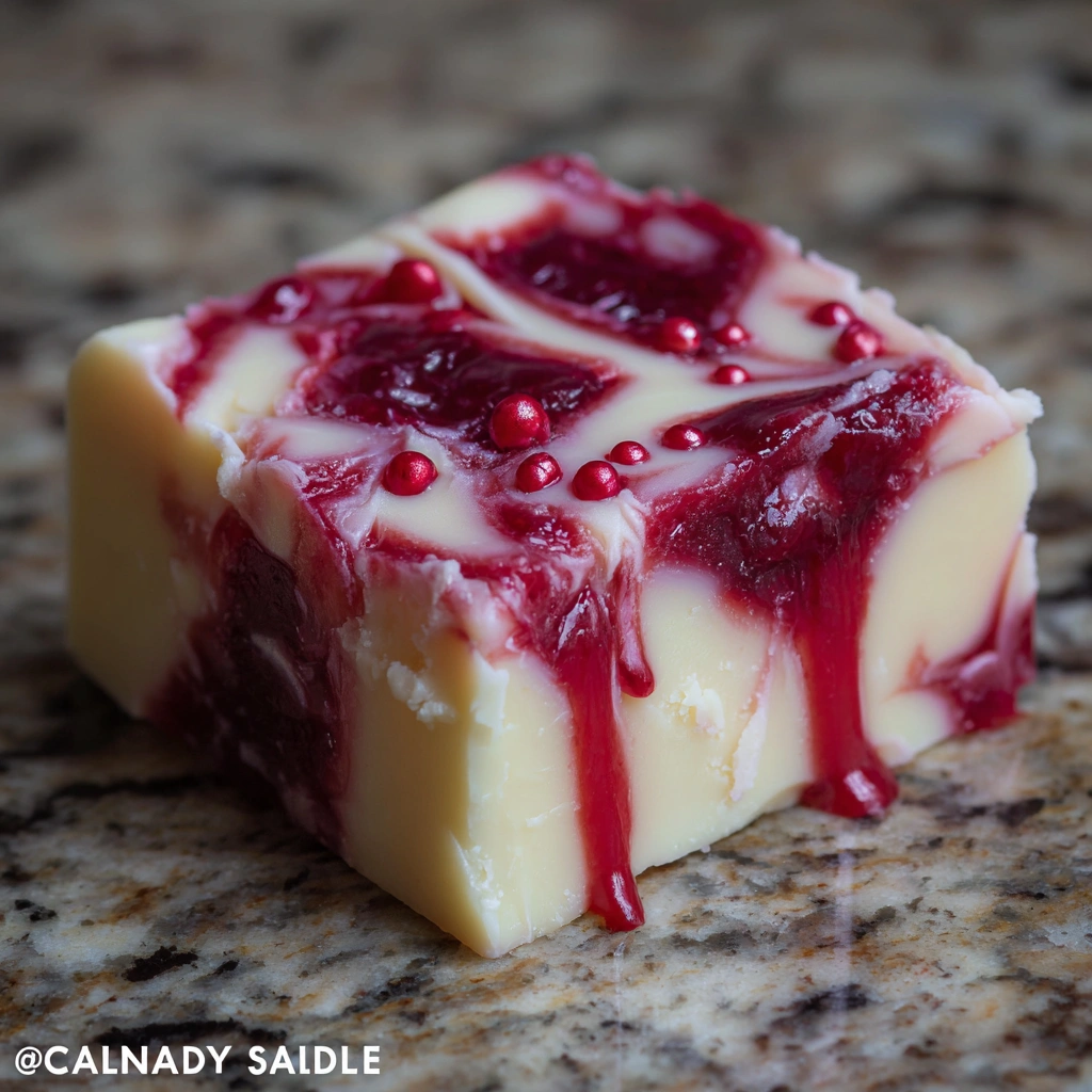 Close-up of fudge square with red swirl and Halloween sprinkles
