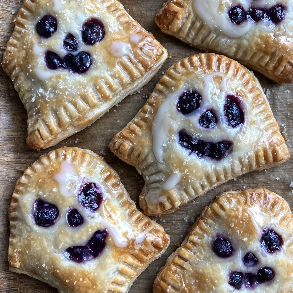Bite of ghost-shaped hand pie revealing blueberry inside