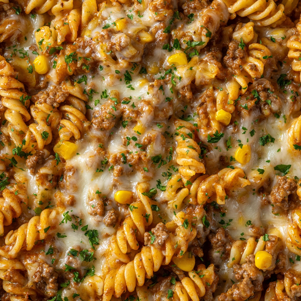 Cheesy Ranch Rotini Bake with Beef and Sweet Corn
