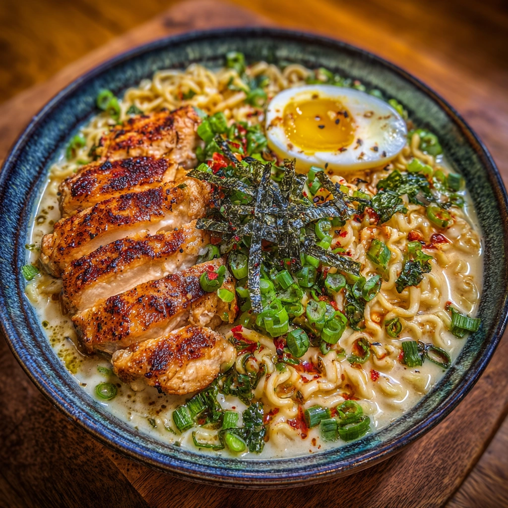 Fiery Chicken Ramen with Creamy Garlic Sauce