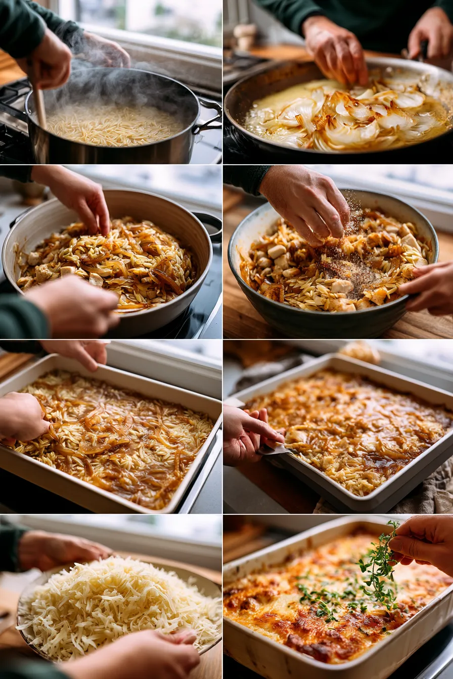 French Onion Chicken Orzo Casserole