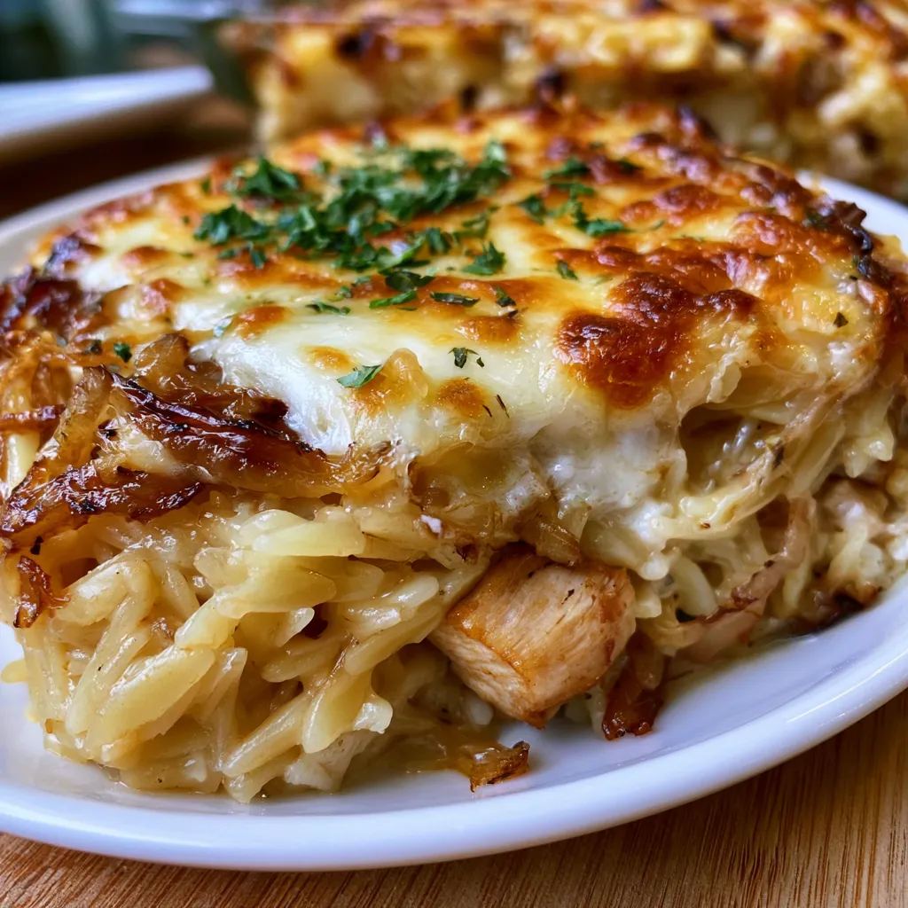 French Onion Chicken Orzo Casserole